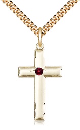 [0624YGF-STN1/24G] 14kt Gold Filled Cross Pendant with a 3mm Garnet Swarovski stone on a 24 inch Gold Plate Heavy Curb chain
