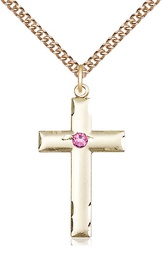 [0624YGF-STN10/24GF] 14kt Gold Filled Cross Pendant with a 3mm Rose Swarovski stone on a 24 inch Gold Filled Heavy Curb chain
