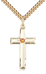 [0624YGF-STN11/24G] 14kt Gold Filled Cross Pendant with a 3mm Topaz Swarovski stone on a 24 inch Gold Plate Heavy Curb chain