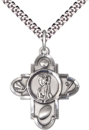[5731SS/24S] Sterling Silver Saint Christopher 5-Way Pendant on a 24 inch Light Rhodium Heavy Curb chain