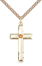 [0624YGF-STN11/24GF] 14kt Gold Filled Cross Pendant with a 3mm Topaz Swarovski stone on a 24 inch Gold Filled Heavy Curb chain
