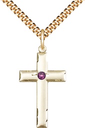 [0624YGF-STN2/24G] 14kt Gold Filled Cross Pendant with a 3mm Amethyst Swarovski stone on a 24 inch Gold Plate Heavy Curb chain