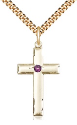 [0624YGF-STN2/24G] 14kt Gold Filled Cross Pendant with a 3mm Amethyst Swarovski stone on a 24 inch Gold Plate Heavy Curb chain