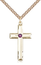 [0624YGF-STN2/24GF] 14kt Gold Filled Cross Pendant with a 3mm Amethyst Swarovski stone on a 24 inch Gold Filled Heavy Curb chain