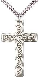 [5737SS/24S] Sterling Silver Knurled Cross Pendant on a 24 inch Light Rhodium Heavy Curb chain