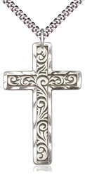 [5737SS/24S] Sterling Silver Knurled Cross Pendant on a 24 inch Light Rhodium Heavy Curb chain