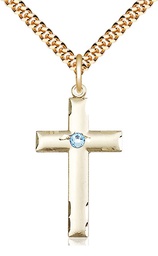 [0624YGF-STN3/24G] 14kt Gold Filled Cross Pendant with a 3mm Aqua Swarovski stone on a 24 inch Gold Plate Heavy Curb chain