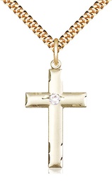 [0624YGF-STN4/24G] 14kt Gold Filled Cross Pendant with a 3mm Crystal Swarovski stone on a 24 inch Gold Plate Heavy Curb chain