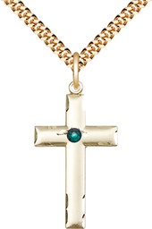 [0624YGF-STN5/24G] 14kt Gold Filled Cross Pendant with a 3mm Emerald Swarovski stone on a 24 inch Gold Plate Heavy Curb chain