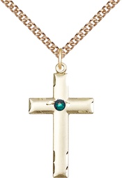[0624YGF-STN5/24GF] 14kt Gold Filled Cross Pendant with a 3mm Emerald Swarovski stone on a 24 inch Gold Filled Heavy Curb chain
