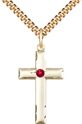 [0624YGF-STN7/24G] 14kt Gold Filled Cross Pendant with a 3mm Ruby Swarovski stone on a 24 inch Gold Plate Heavy Curb chain