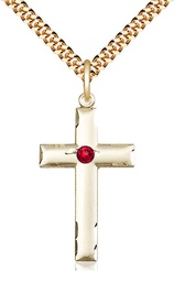 [0624YGF-STN7/24G] 14kt Gold Filled Cross Pendant with a 3mm Ruby Swarovski stone on a 24 inch Gold Plate Heavy Curb chain