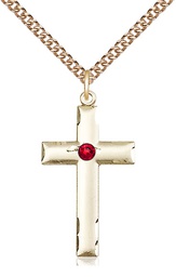 [0624YGF-STN7/24GF] 14kt Gold Filled Cross Pendant with a 3mm Ruby Swarovski stone on a 24 inch Gold Filled Heavy Curb chain
