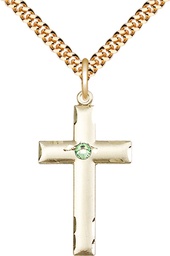 [0624YGF-STN8/24G] 14kt Gold Filled Cross Pendant with a 3mm Peridot Swarovski stone on a 24 inch Gold Plate Heavy Curb chain