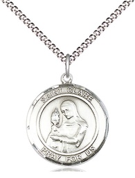 [8028RDSS/18S] Sterling Silver Saint Clare of Assisi Pendant on a 18 inch Light Rhodium Light Curb chain