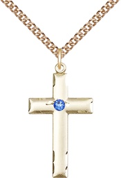 [0624YGF-STN9/24GF] 14kt Gold Filled Cross Pendant with a 3mm Sapphire Swarovski stone on a 24 inch Gold Filled Heavy Curb chain