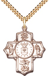 [5790GF1/24G] 14kt Gold Filled 5-Way Air Force Pendant on a 24 inch Gold Plate Heavy Curb chain