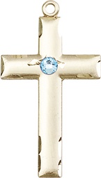 [0624YKT-STN3] 14kt Gold Cross Medal with a 3mm Aqua Swarovski stone