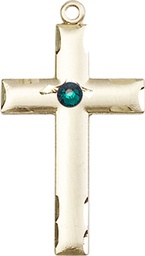 [0624YKT-STN5] 14kt Gold Cross Medal with a 3mm Emerald Swarovski stone
