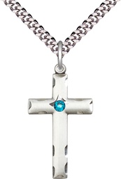 [0624YSS-STN12/24S] Sterling Silver Cross Pendant with a 3mm Zircon Swarovski stone on a 24 inch Light Rhodium Heavy Curb chain