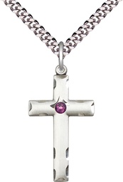 [0624YSS-STN2/24S] Sterling Silver Cross Pendant with a 3mm Amethyst Swarovski stone on a 24 inch Light Rhodium Heavy Curb chain