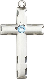 [0624YSS-STN3] Sterling Silver Cross Medal with a 3mm Aqua Swarovski stone
