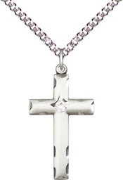 [0624YSS-STN4/24SS] Sterling Silver Cross Pendant with a 3mm Crystal Swarovski stone on a 24 inch Sterling Silver Heavy Curb chain