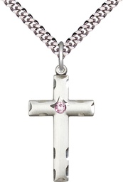 [0624YSS-STN6/24S] Sterling Silver Cross Pendant with a 3mm Light Amethyst Swarovski stone on a 24 inch Light Rhodium Heavy Curb chain