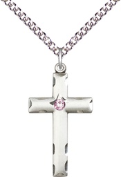 [0624YSS-STN6/24SS] Sterling Silver Cross Pendant with a 3mm Light Amethyst Swarovski stone on a 24 inch Sterling Silver Heavy Curb chain