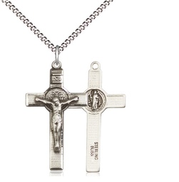[0625SS/18S] Sterling Silver Saint Benedict Crucifix Pendant on a 18 inch Light Rhodium Light Curb chain
