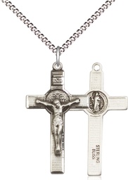 [0625SS/18S] Sterling Silver Saint Benedict Crucifix Pendant on a 18 inch Light Rhodium Light Curb chain