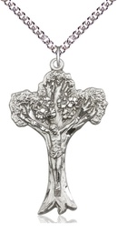 [0633SS/24SS] Sterling Silver Tree of Life Crucifix Pendant on a 24 inch Sterling Silver Heavy Curb chain