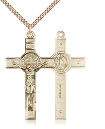 [0645GF/24GF] 14kt Gold Filled Saint Benedict Crucifix Pendant on a 24 inch Gold Filled Heavy Curb chain