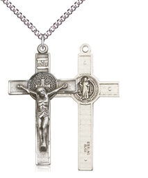 [0645SS/24SS] Sterling Silver Saint Benedict Crucifix Pendant on a 24 inch Sterling Silver Heavy Curb chain
