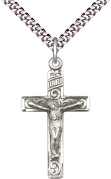 [0652SS/24S] Sterling Silver Crucifix Pendant on a 24 inch Light Rhodium Heavy Curb chain