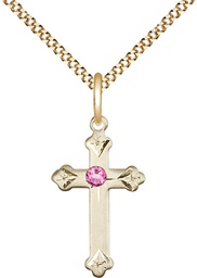 [0667GF-STN10/18G] 14kt Gold Filled Cross Pendant with a 3mm Rose Swarovski stone on a 18 inch Gold Plate Light Curb chain