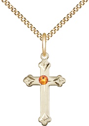 [0667GF-STN11/18G] 14kt Gold Filled Cross Pendant with a 3mm Topaz Swarovski stone on a 18 inch Gold Plate Light Curb chain