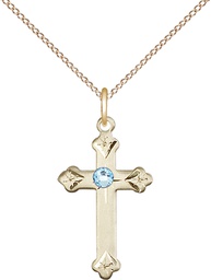[0667GF-STN3/18GF] 14kt Gold Filled Cross Pendant with a 3mm Aqua Swarovski stone on a 18 inch Gold Filled Light Curb chain