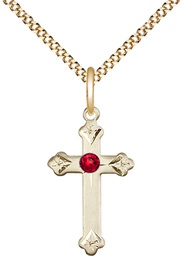 [0667GF-STN7/18G] 14kt Gold Filled Cross Pendant with a 3mm Ruby Swarovski stone on a 18 inch Gold Plate Light Curb chain