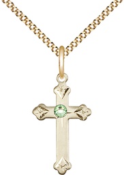 [0667GF-STN8/18G] 14kt Gold Filled Cross Pendant with a 3mm Peridot Swarovski stone on a 18 inch Gold Plate Light Curb chain