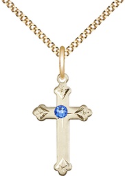 [0667GF-STN9/18G] 14kt Gold Filled Cross Pendant with a 3mm Sapphire Swarovski stone on a 18 inch Gold Plate Light Curb chain
