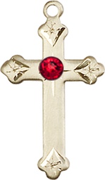 [0667KT-STN7] 14kt Gold Cross Medal with a 3mm Ruby Swarovski stone
