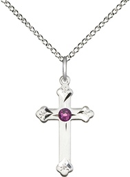 [0667SS-STN2/18SS] Sterling Silver Cross Pendant with a 3mm Amethyst Swarovski stone on a 18 inch Sterling Silver Light Curb chain