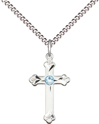 [0667SS-STN3/18S] Sterling Silver Cross Pendant with a 3mm Aqua Swarovski stone on a 18 inch Light Rhodium Light Curb chain