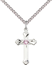 [0667SS-STN6/18S] Sterling Silver Cross Pendant with a 3mm Light Amethyst Swarovski stone on a 18 inch Light Rhodium Light Curb chain