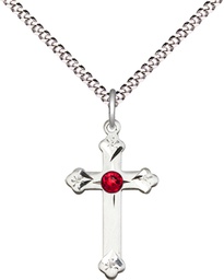 [0667SS-STN7/18S] Sterling Silver Cross Pendant with a 3mm Ruby Swarovski stone on a 18 inch Light Rhodium Light Curb chain