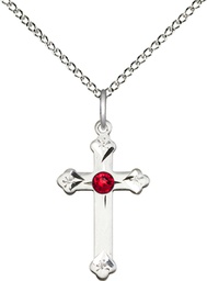 [0667SS-STN7/18SS] Sterling Silver Cross Pendant with a 3mm Ruby Swarovski stone on a 18 inch Sterling Silver Light Curb chain