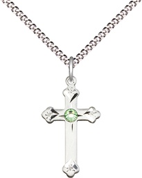 [0667SS-STN8/18S] Sterling Silver Cross Pendant with a 3mm Peridot Swarovski stone on a 18 inch Light Rhodium Light Curb chain