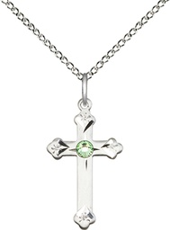 [0667SS-STN8/18SS] Sterling Silver Cross Pendant with a 3mm Peridot Swarovski stone on a 18 inch Sterling Silver Light Curb chain