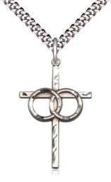 [0671SS/24S] Sterling Silver Wedding Rings Cross Pendant on a 24 inch Light Rhodium Heavy Curb chain